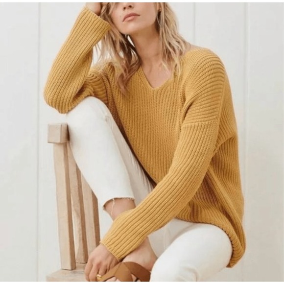 Jenni Kayne Cotton Cabin Knit Pullover Sweater Oversized Mustard Yellow Size Med